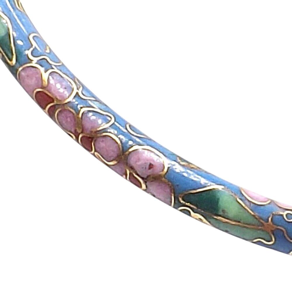 Vintage Cloisonne Floral Bangle Bracelet, Blue Pink Enamel, 7 3/4 Inch, 1960s